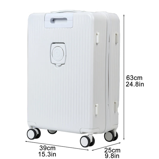 24 Inch Checked Luggage with Front Pocket, USB Charging Port, Built-in lock Carry on Suitcase, Cup Holder and Phone Holder, Medium Hardside Suitcase with Spinner Wheels, White