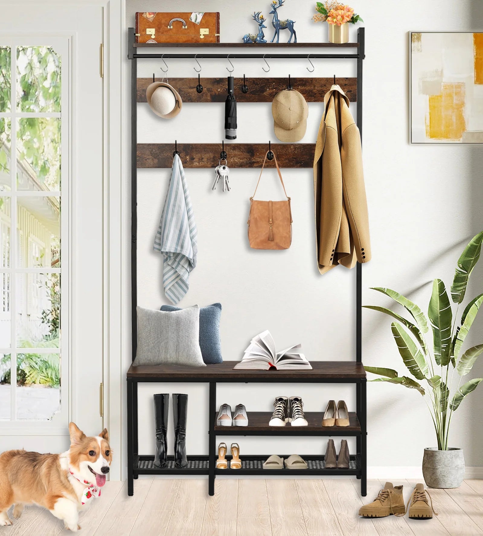 XXLYY Corner Coat Rack with Shoe Storage, Multifunctional Entryway Corner Shoe Rack with 14 Metal Hooks, Freestanding Corner Hall Tree Shelf Organizer for Home Office Bedroom