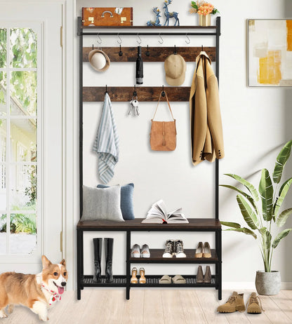 XXLYY Corner Coat Rack with Shoe Storage, Multifunctional Entryway Corner Shoe Rack with 14 Metal Hooks, Freestanding Corner Hall Tree Shelf Organizer for Home Office Bedroom