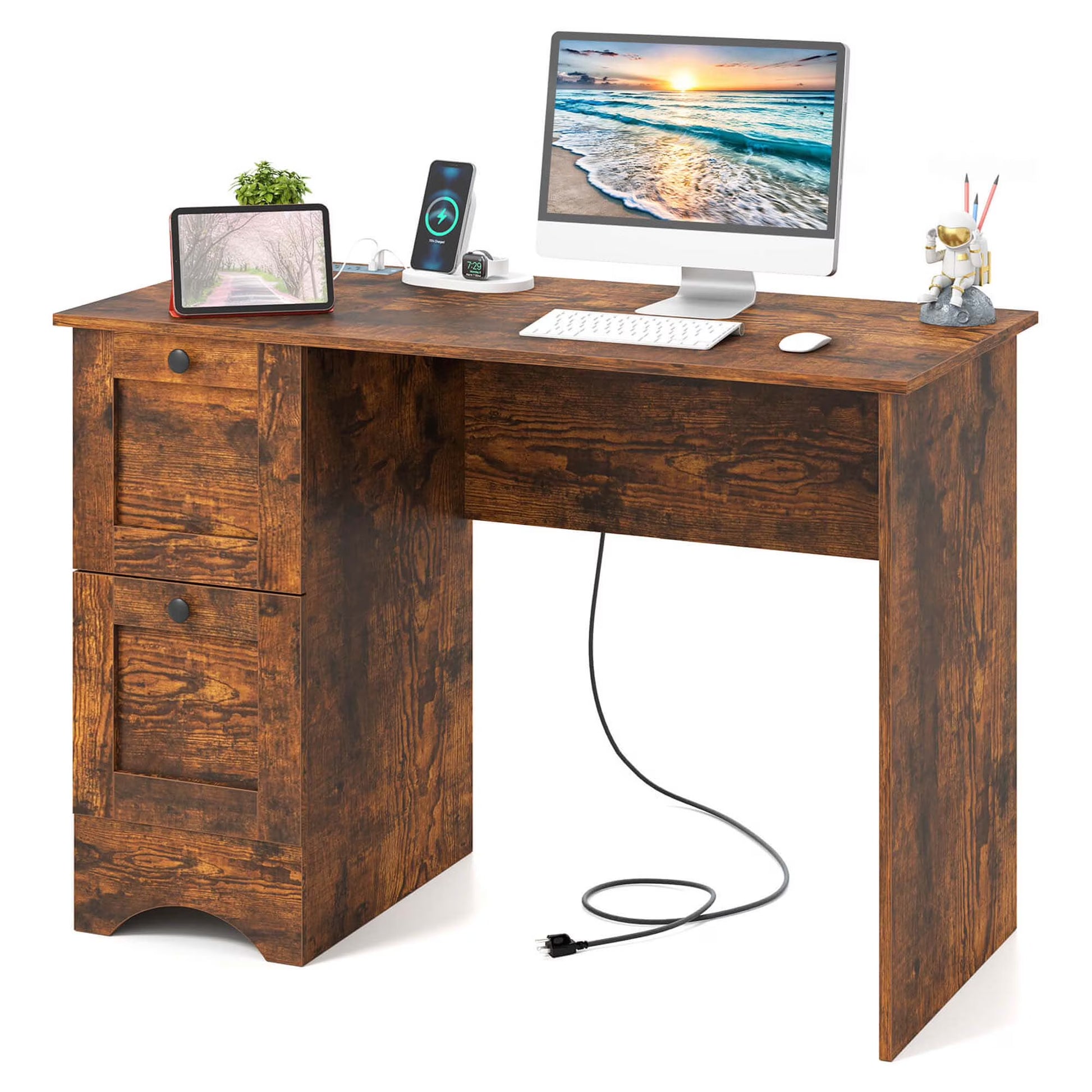 Costway 43" Home Office Desk with Charging Station Compact Study Writing Desk Walnut