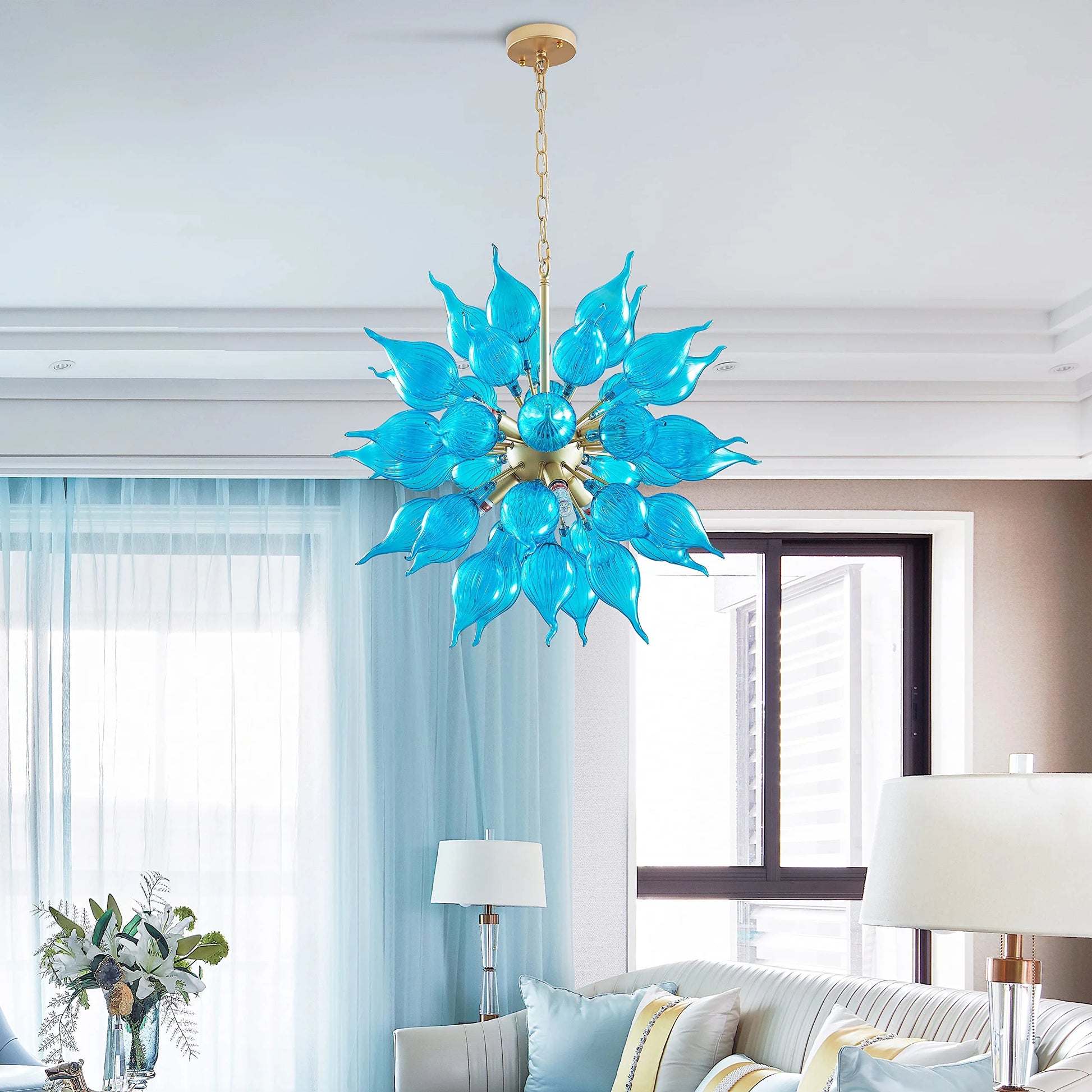 Longree 6-lights Plug in Hand Blown Glass Chandelier Modern Luxury White Flower Bud Glass Art Tall Ceiling Light Hanging Light Fixture for Kitchen, Bedroom, Dining Room, Living Room-LR1466