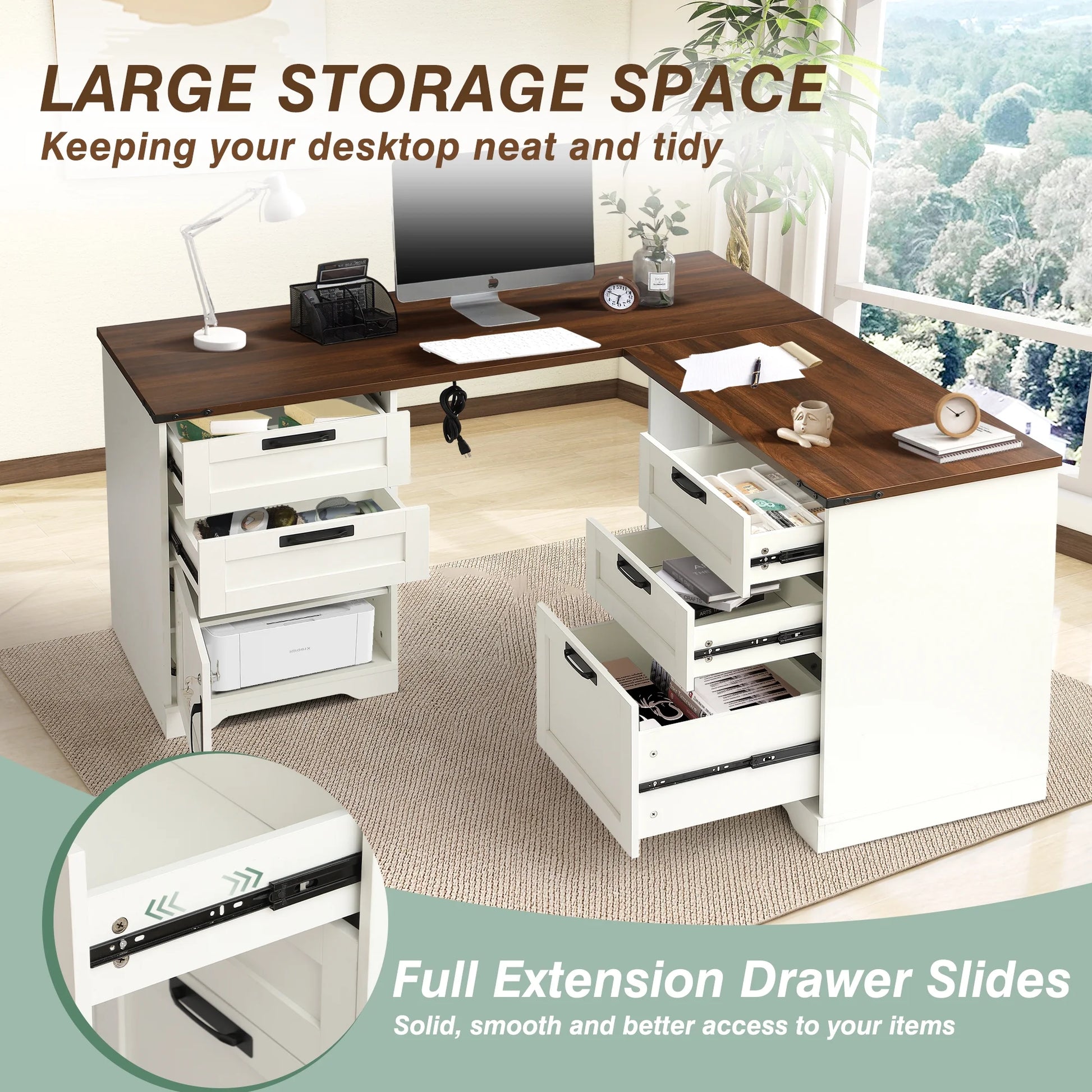 Haverchair 60" Executive L Shaped Desk with Drawers, Farmhouse Home Office Desk with Charging Station, Wood Corner Computer Desk with File Cabinet, Writing Computer Desk for Work and Study