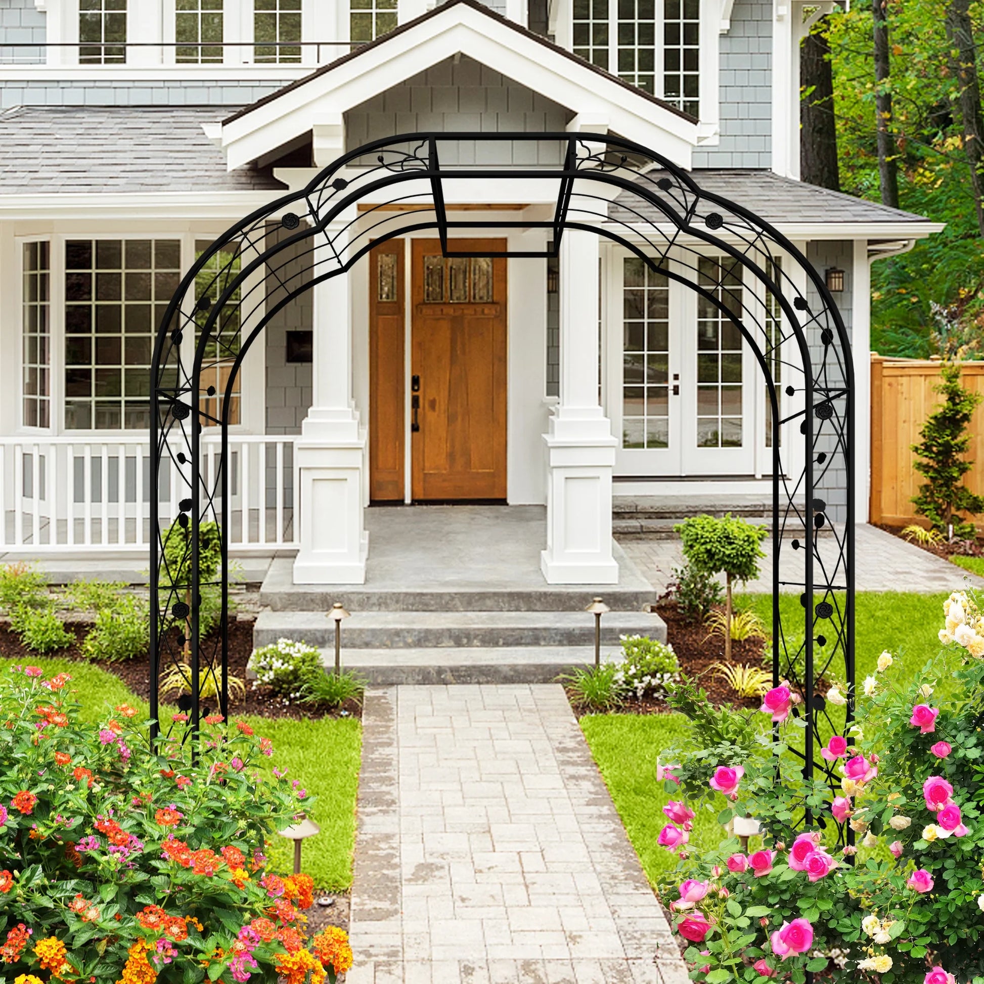 74"x98" Metal Garden Arch Arbor Trellis for Climbing Plants Roses Outdoor Décor White