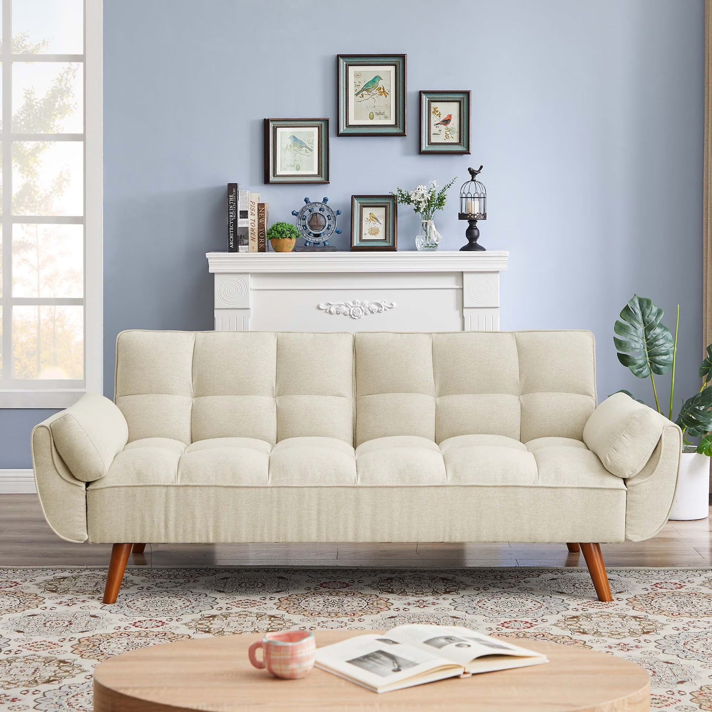Aukfa 75" Flared Arm Futon Convertible Sofa Bed, Linen Sleeper Couch for Home Office, Beige