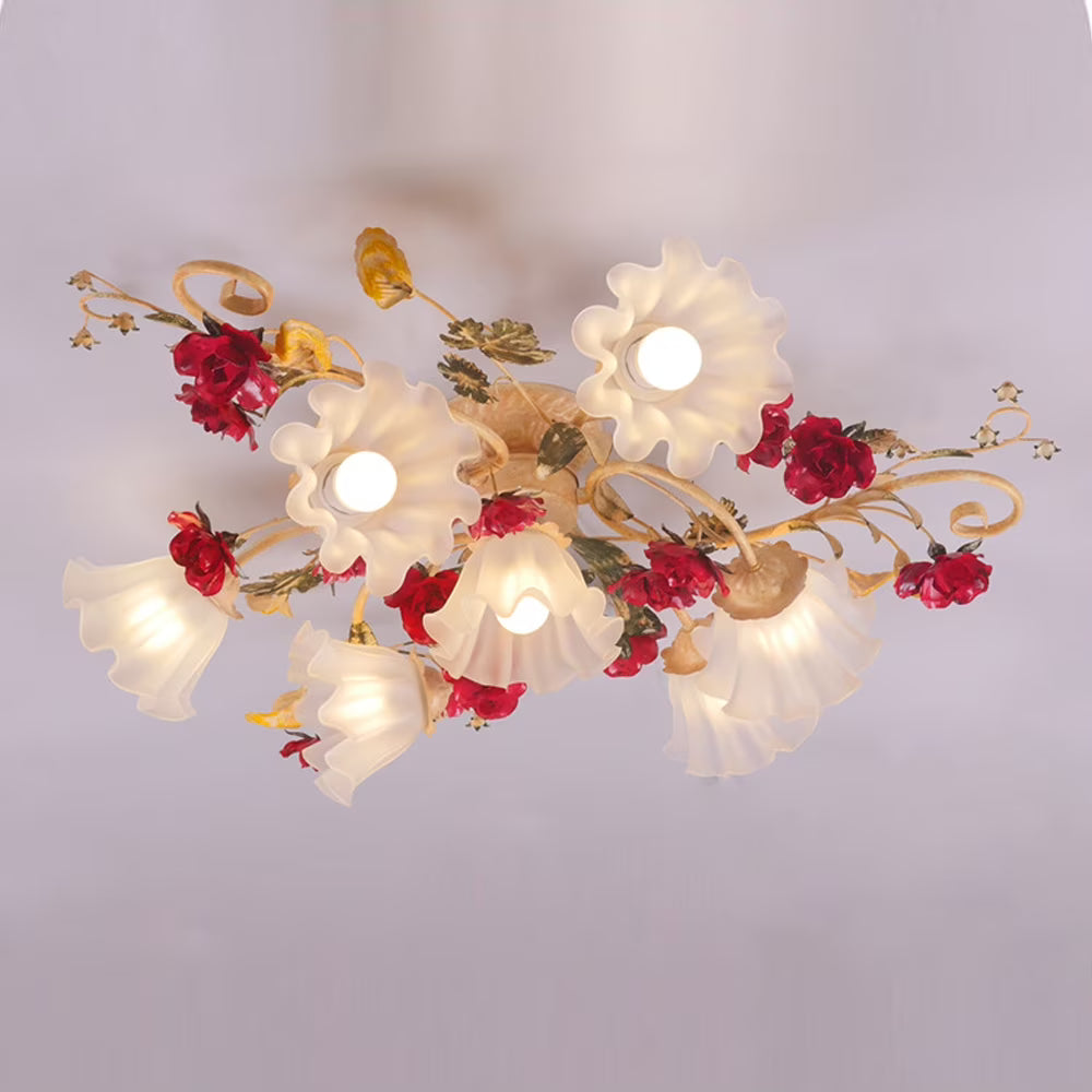 Lakiq Vintage Style Flower Glass Semi Flush Mount Ceiling Light Red Rose Decor Metal Ceiling Lamp for Living Room,7-light