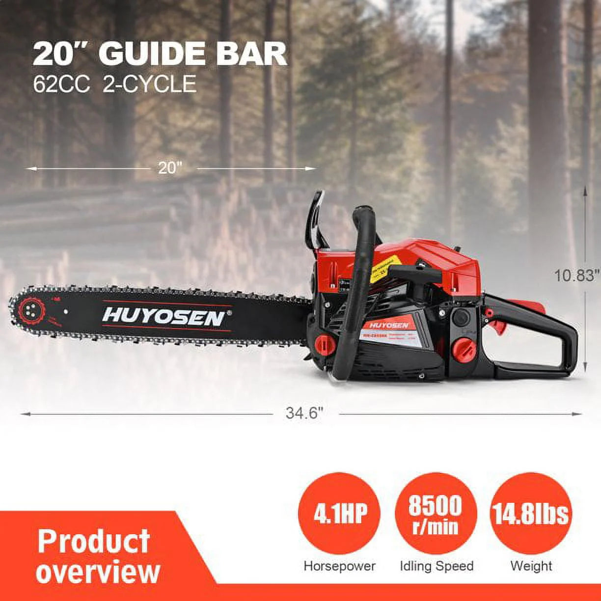 HUYOSEN 62CC 2-Cycle Gas Powered Chainsaw, 20-Inch Chainsaw, Cordless Handheld Gasoline Power Chain Saws for Cutting Trees, Wood, Garden and Farm(HN-C6220K)