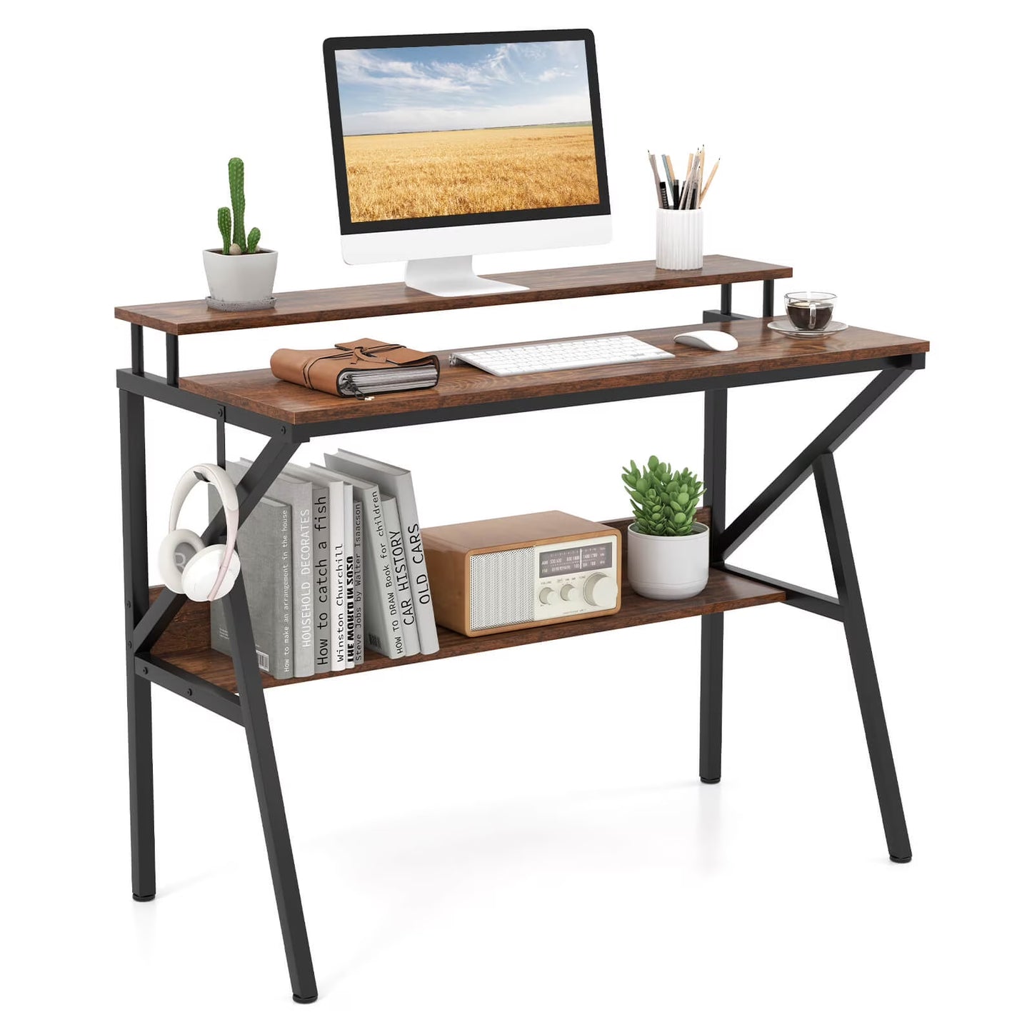 Costway Home Office Desk with Monitor Stand, Open Shelf & Metal Frame, Earphone Hook White