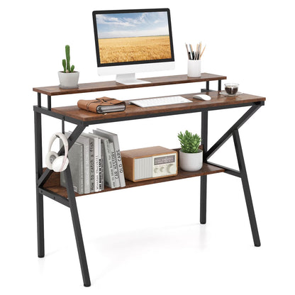 Costway Home Office Desk with Monitor Stand, Open Shelf & Metal Frame, Earphone Hook White