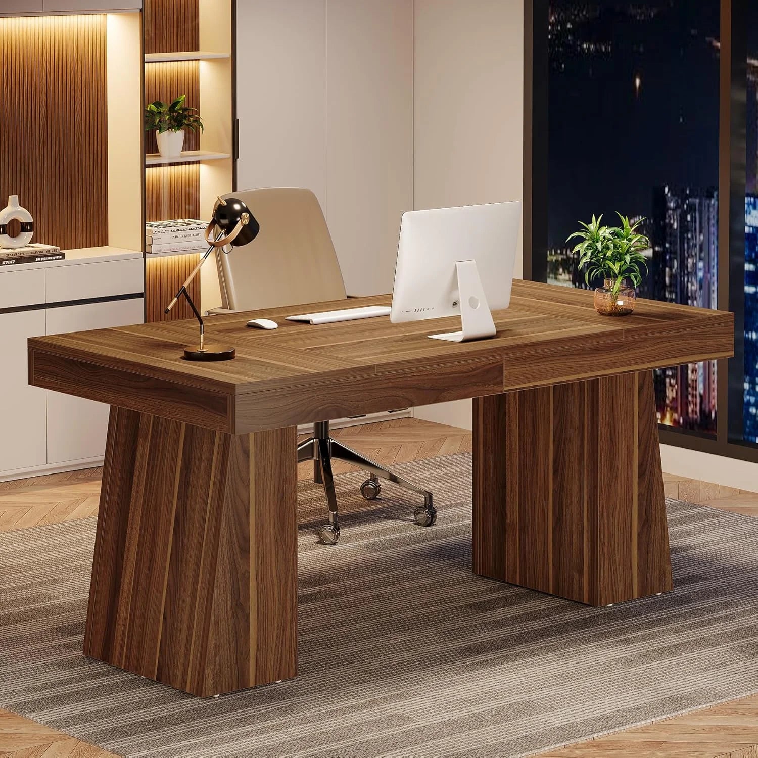 Tribesigns 55 Inches Executive Desk, Mid-Century Modern Home Office Desk with Double Trapezoid Base