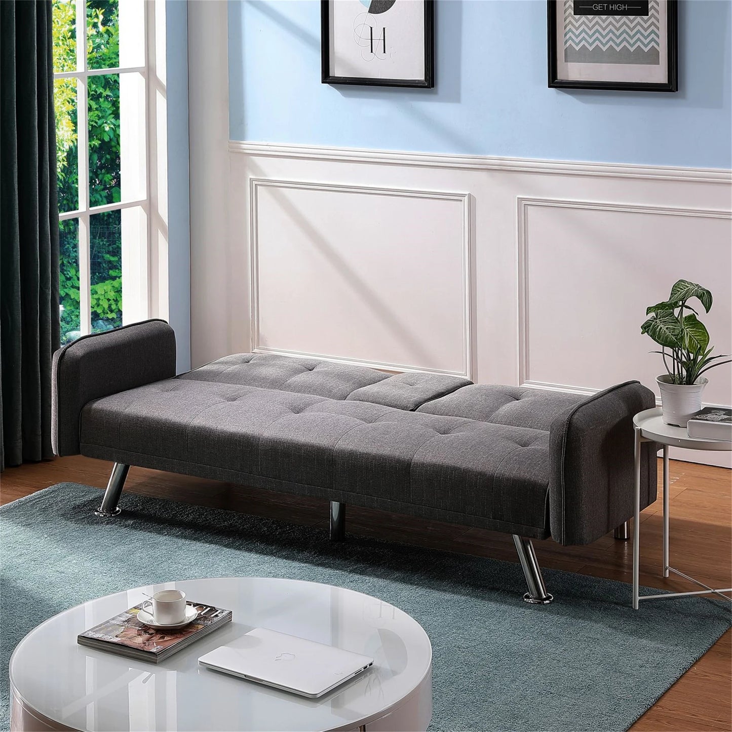Aukfa 75" Square Arm Futon Convertible Sofa Bed for Home Office, 2 Cup Holders, Linen, Dark Gray