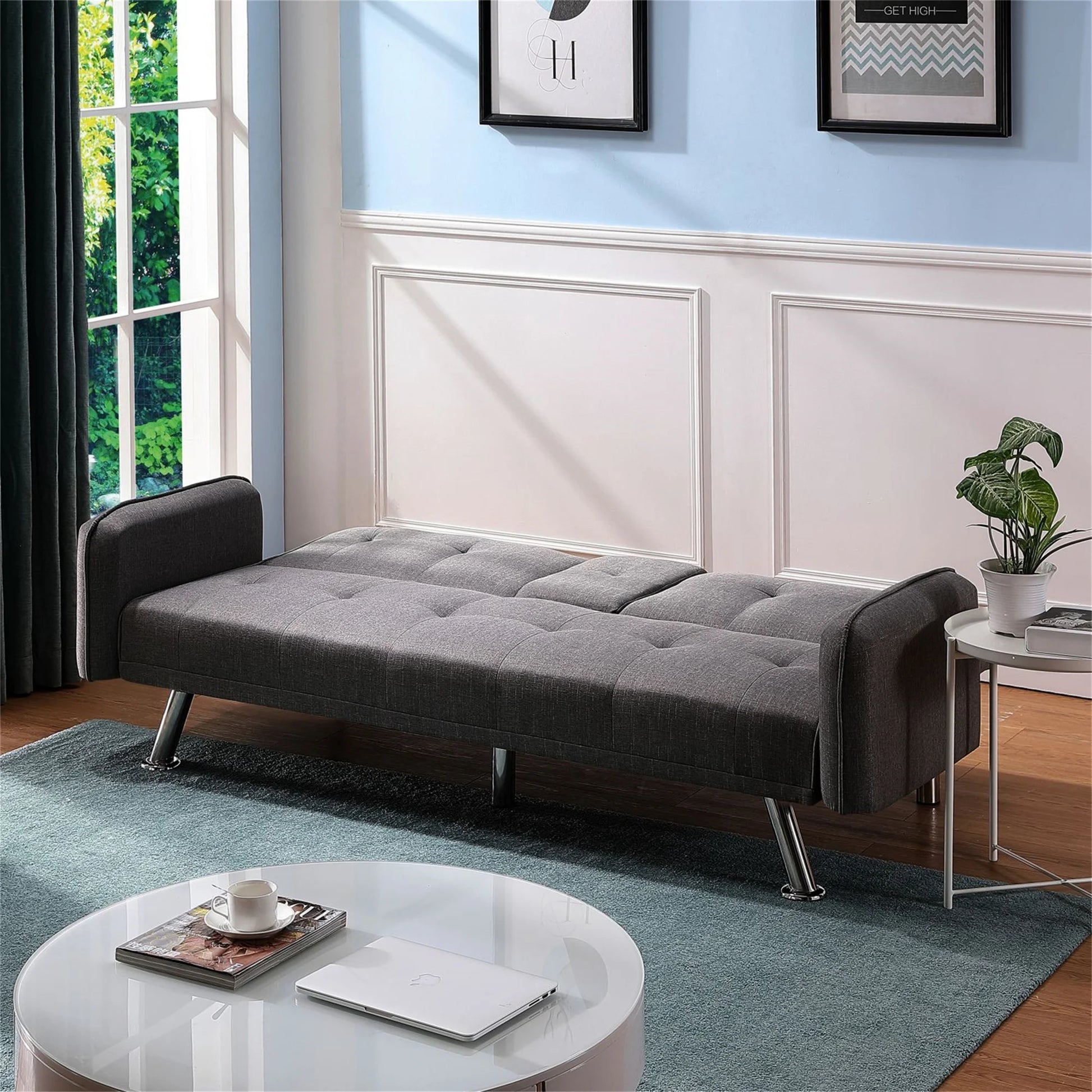 Aukfa 75" Square Arm Futon Convertible Sofa Bed for Home Office, 2 Cup Holders, Linen, Dark Gray