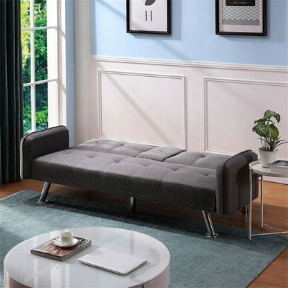Aukfa 75" Square Arm Futon Convertible Sofa Bed for Home Office, 2 Cup Holders, Linen, Dark Gray