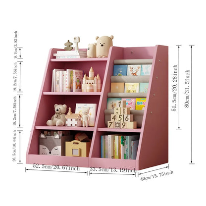 IVV Montessori Kid Bookshelf, Modern Wood Bookcase 4 Tier Children Book Rack Display Toy Storage Organizer Sling Book Rack for Classroom Bedroom Nursery Playroom (Pink)