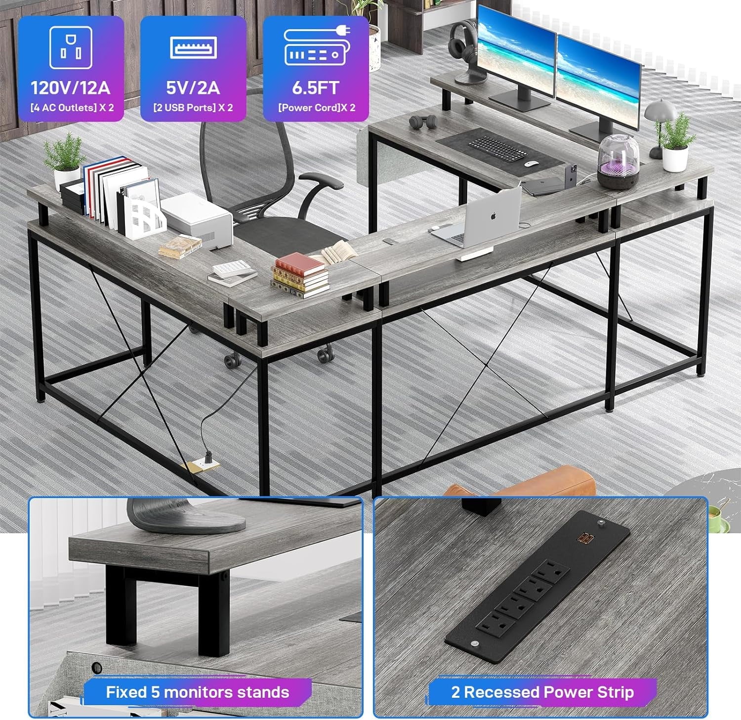 NEILA U Shaped LED Light Computer Gaming Desk with Power Outlets, Reversible 78.8'' Large PC Desk with Monitor Stand & Storage Bag, Home Office Desk, Study Desk, Writing Desk, Workstation, Grey
