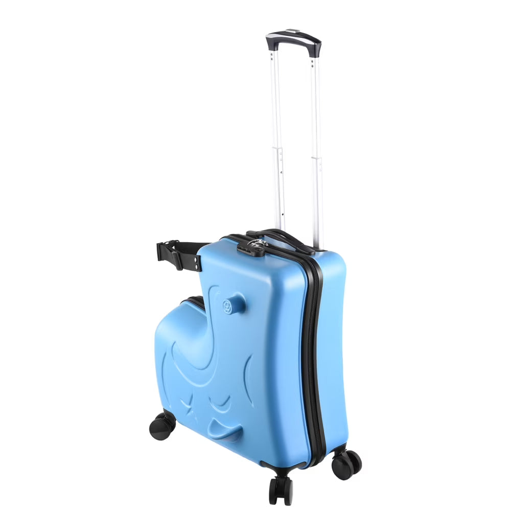 Unisex Ride-On Luggage, 20 Inch Portable Kids Travel Suitcase with Password Lock and Durable Wheels for Summer Camps and Sleepovers (Blue)
