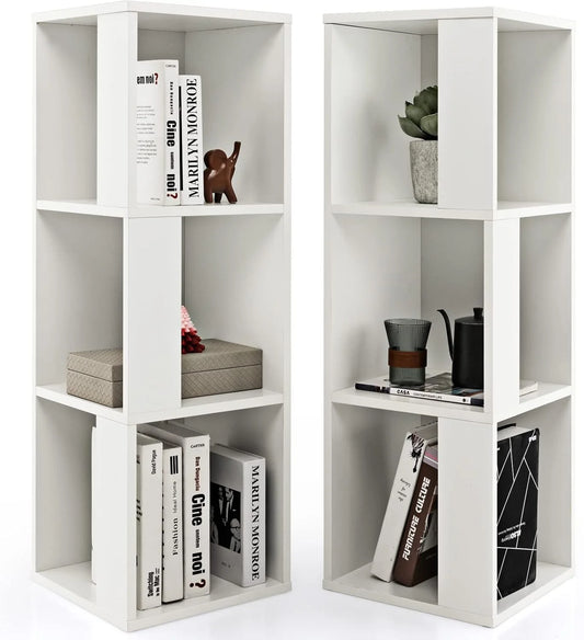 3 Cube Bookcase Set of 2, Modern Bookshelf w/Cubical Storage Shelves, Wood Bookshelves & Bookcases, Small Book Shelf for Bedroom, Living Room, Home Office (White)