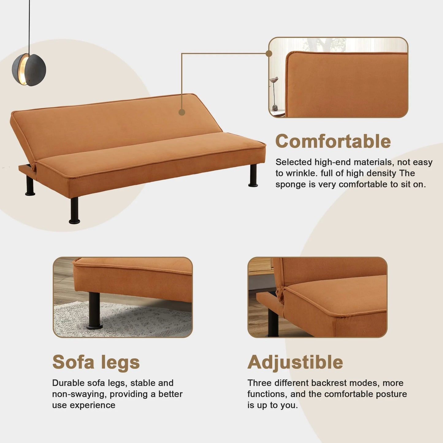 Aukfa Modern Futon Convertible Sofa Bed for Home Office, Adjustable Backrest, Flannel, Orange