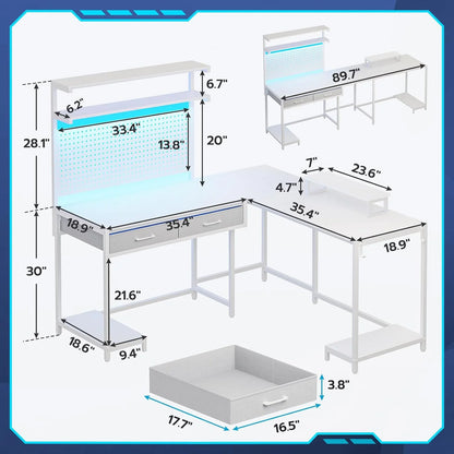 SEDETA White L Shaped Gaming Desk with LED Lights and Drawers, Gaming Desk with Hutch & Pegboard, Computer Desk with Monitor Stand, Storage Shelves, Home Office Desk Corner Desk, Gaming Table