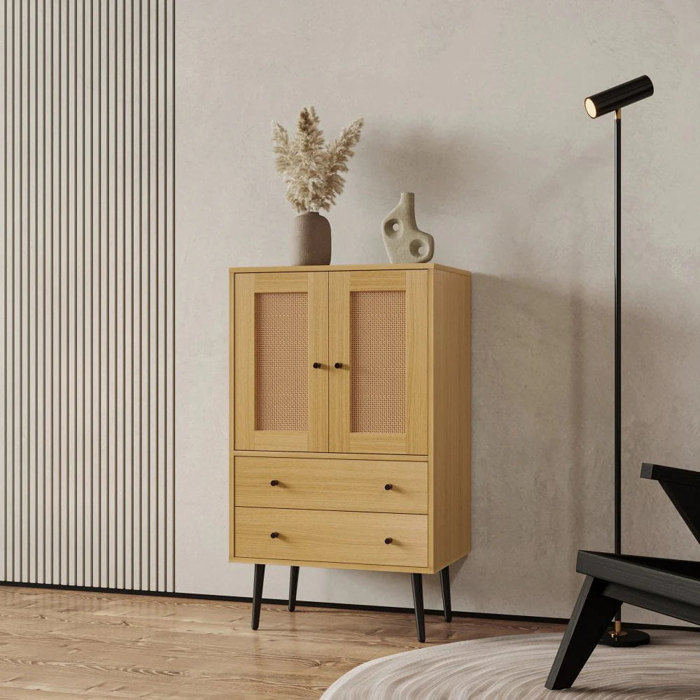 GZXS Storage Cabinet with 2 Rattan Doors & 2 Drawers, Mid Century Modern Buffet Sideboard Kitchen Cupboard for Living Room, Bedroom, Hallway, Home Office, Natural