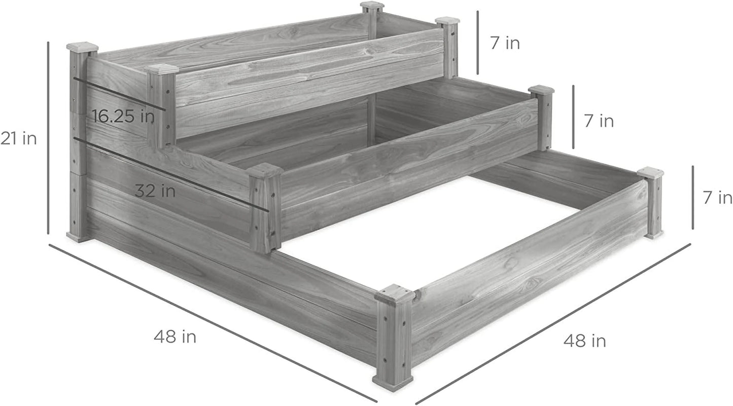 PINDEE 3-Tier Fir Wood Raised Garden Bed Planter Kit for Plants, Herbs, Vegetables, Outdoor Gardening w/Stackable & Flat Arrangement, Easy Assembly - Natural