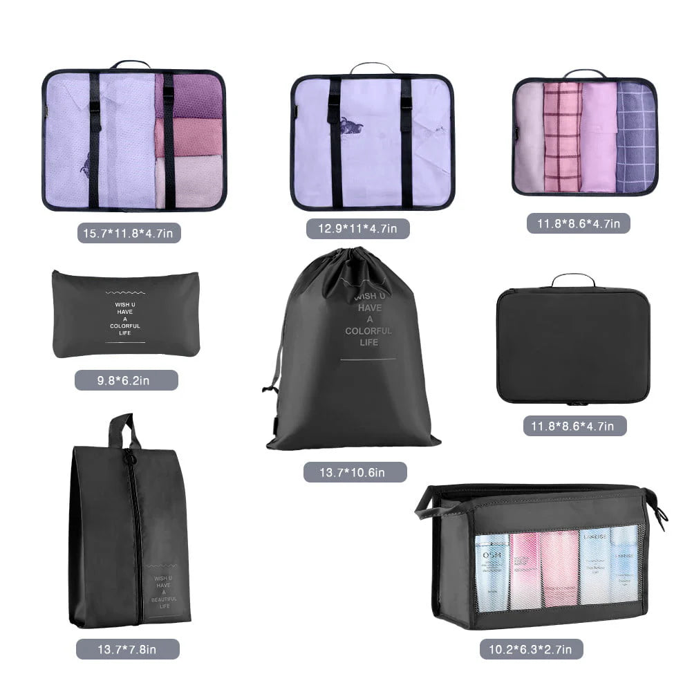 Koovon Packing Cubes for Travel, 8Pcs Travel Cubes Set Foldable Suitcase Organizer Lightweight Luggage Storage Bag, Black