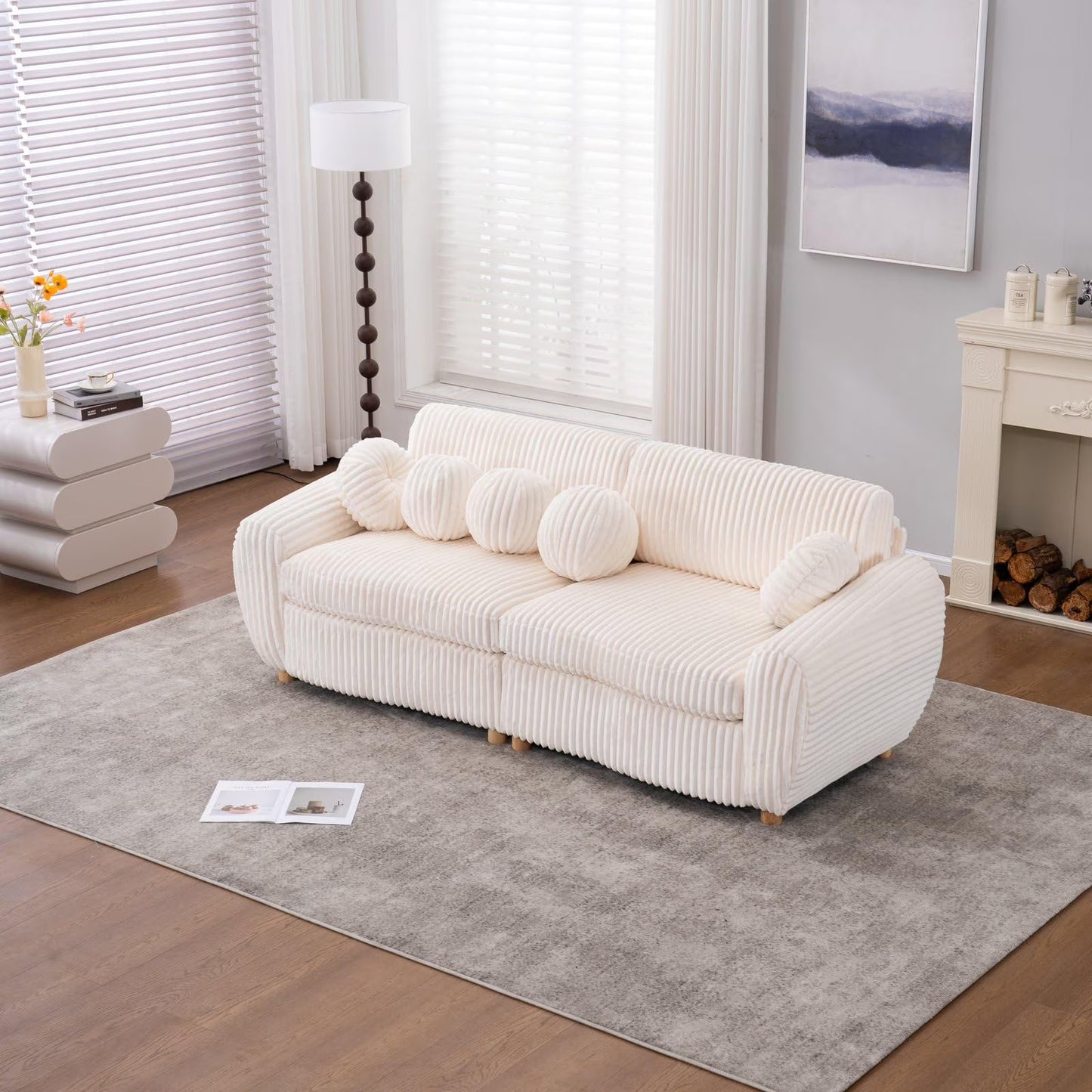 84" White Corduroy Loveseat Sofa, Modern Sectional Couch for Living Room, Apartment, Bedroom & Home Office, Solid Wood Frame, Comfortable Upholstered Seat