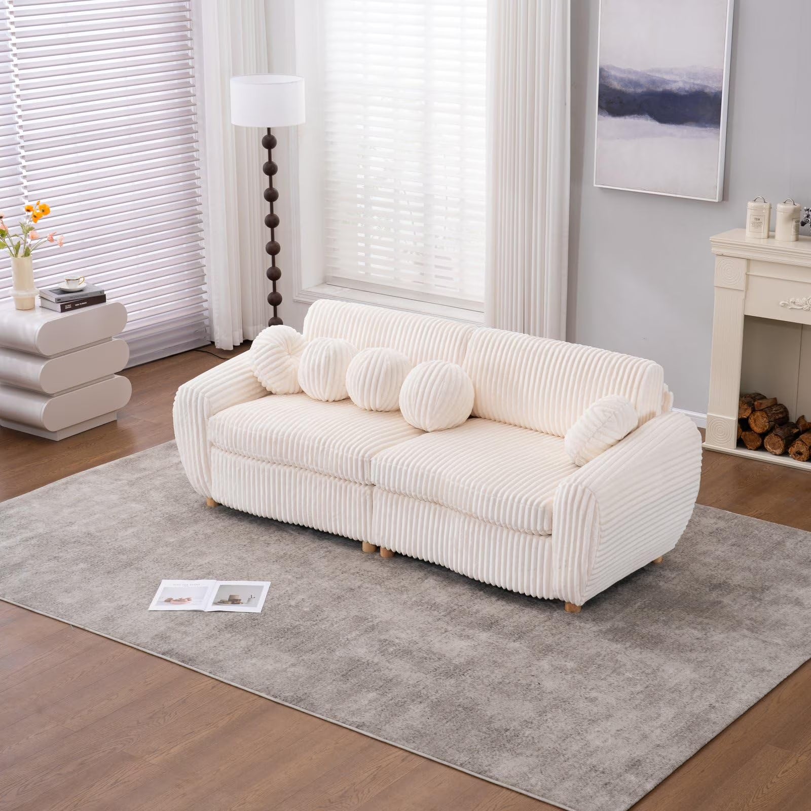 84" White Corduroy Loveseat Sofa, Modern Sectional Couch for Living Room, Apartment, Bedroom & Home Office, Solid Wood Frame, Comfortable Upholstered Seat