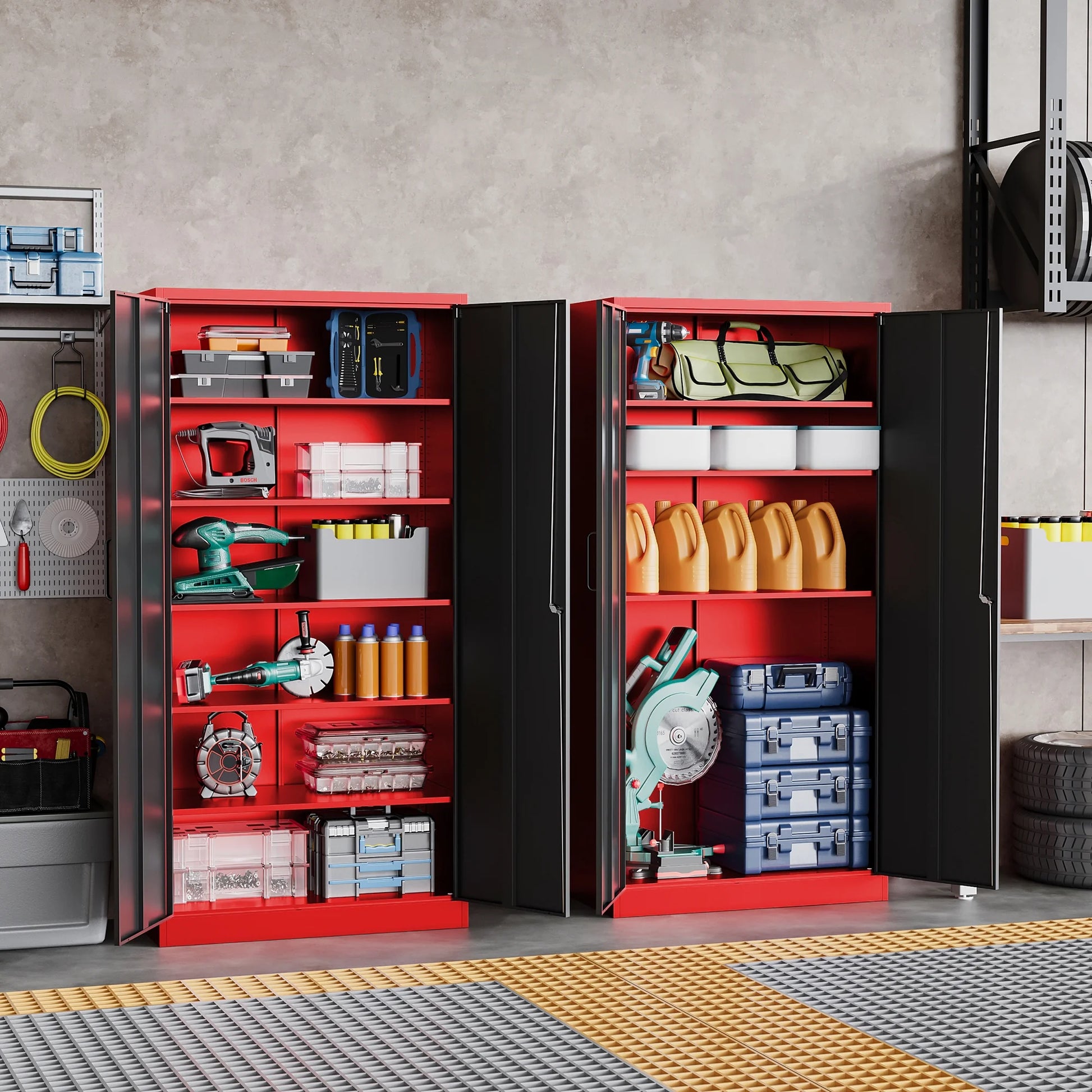 AUHUP 71" Metal Cabinet with Locking Doors and 5 Adjustable Shelves, Red Black Garage Storage Cabinet for Warehouse, Basement, Home Office, Tool File Storage Utility Cabinets