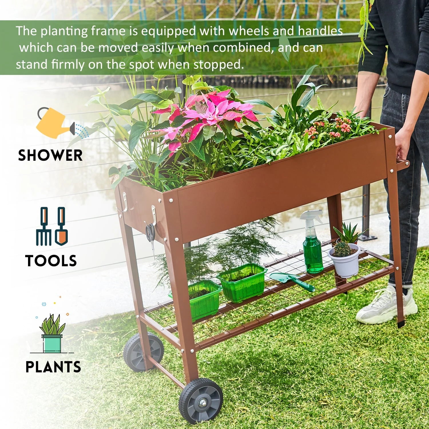 EXCITED WORK Brown Mobile Metal Raised Garden Bed, Outdoor/Indoor Garden Pots with Handles, Wheels and Shelves for Vegetables Flowers Fruits Apartment Patio Stand-37.4 inches Long