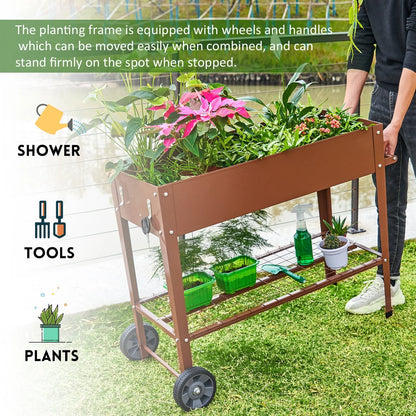 EXCITED WORK Brown Mobile Metal Raised Garden Bed, Outdoor/Indoor Garden Pots with Handles, Wheels and Shelves for Vegetables Flowers Fruits Apartment Patio Stand-37.4 inches Long