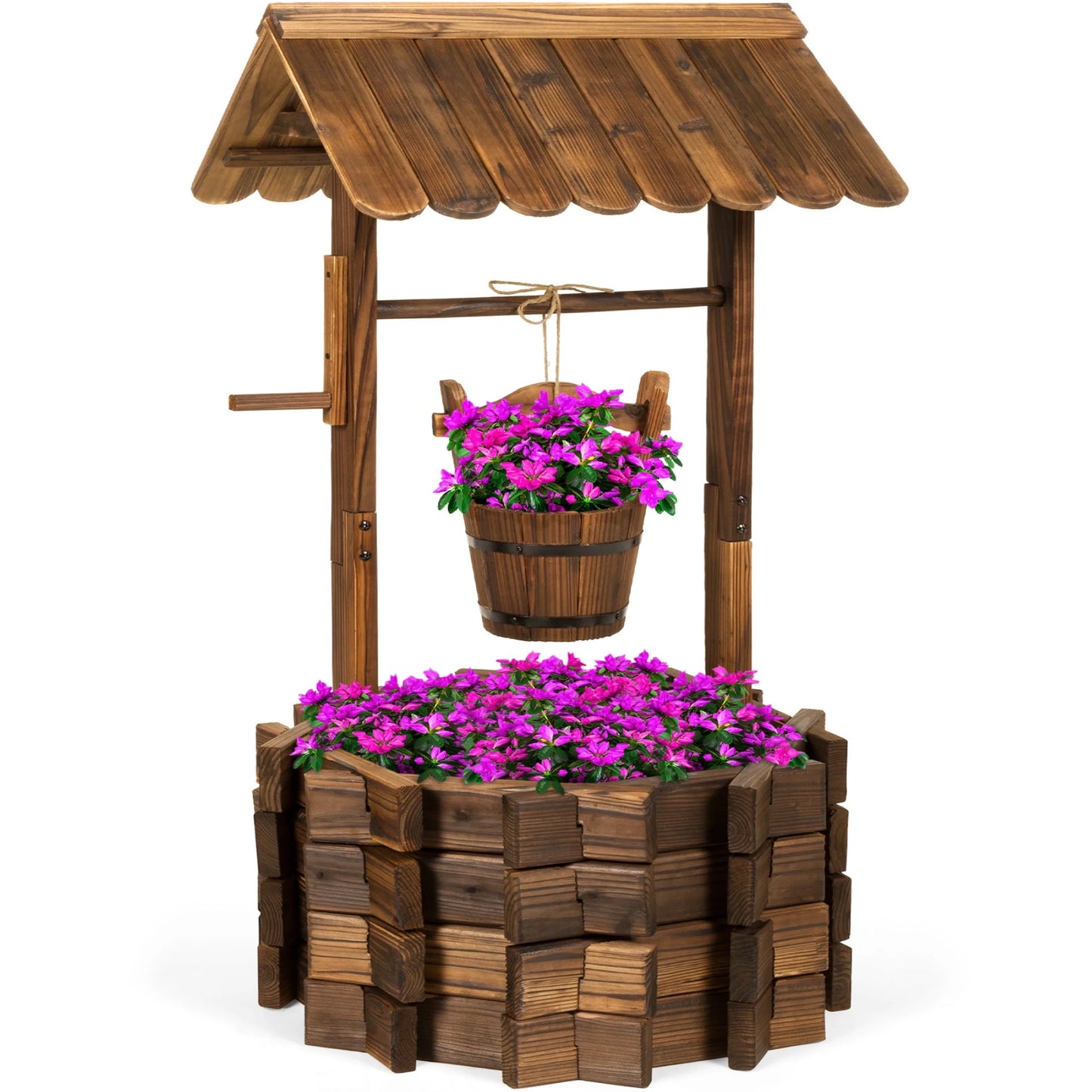 Best Choice Products Rustic Wooden Wishing Well Planter Outdoor Home Decor for Patio, Garden, Yard w/Hanging Bucket