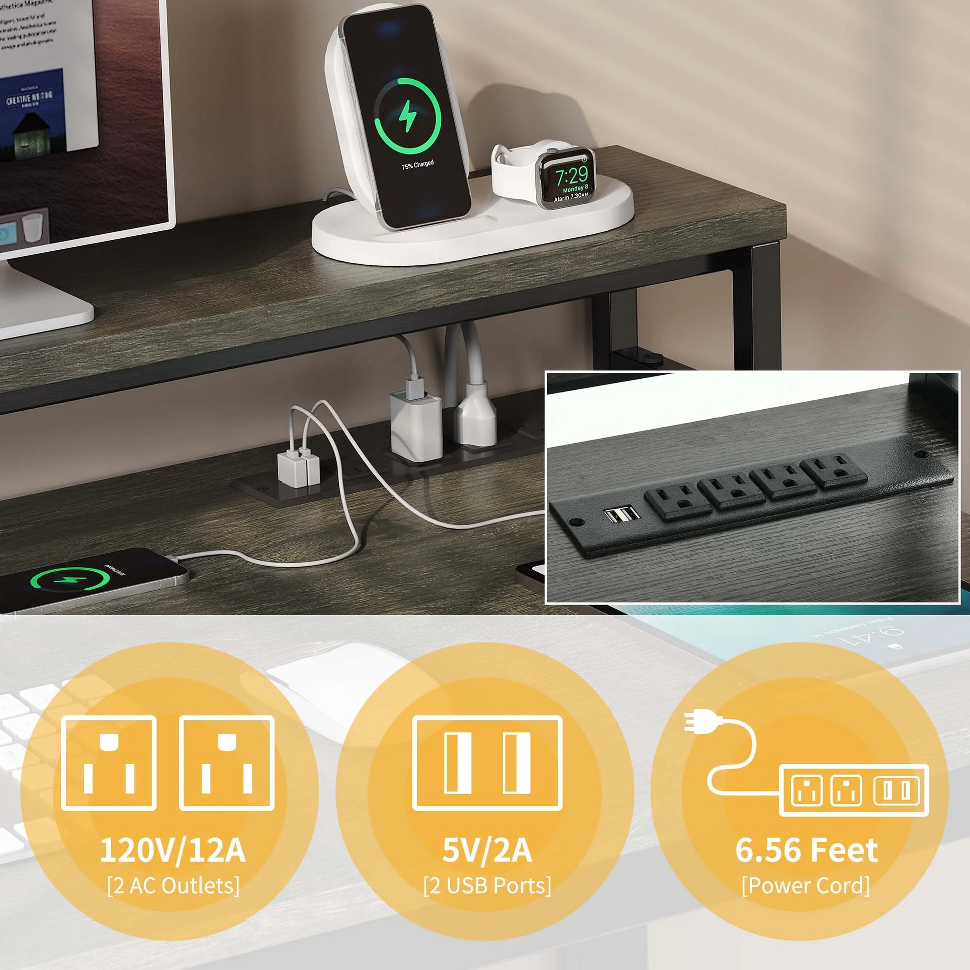 DWVO 55" L Shaped Desk with Power Outlets and Monitor Stand , Computer Desk with LED Light &File Cabinet, Corner Desk with 3 Drawers, White Modern Home Office Desk, Gray