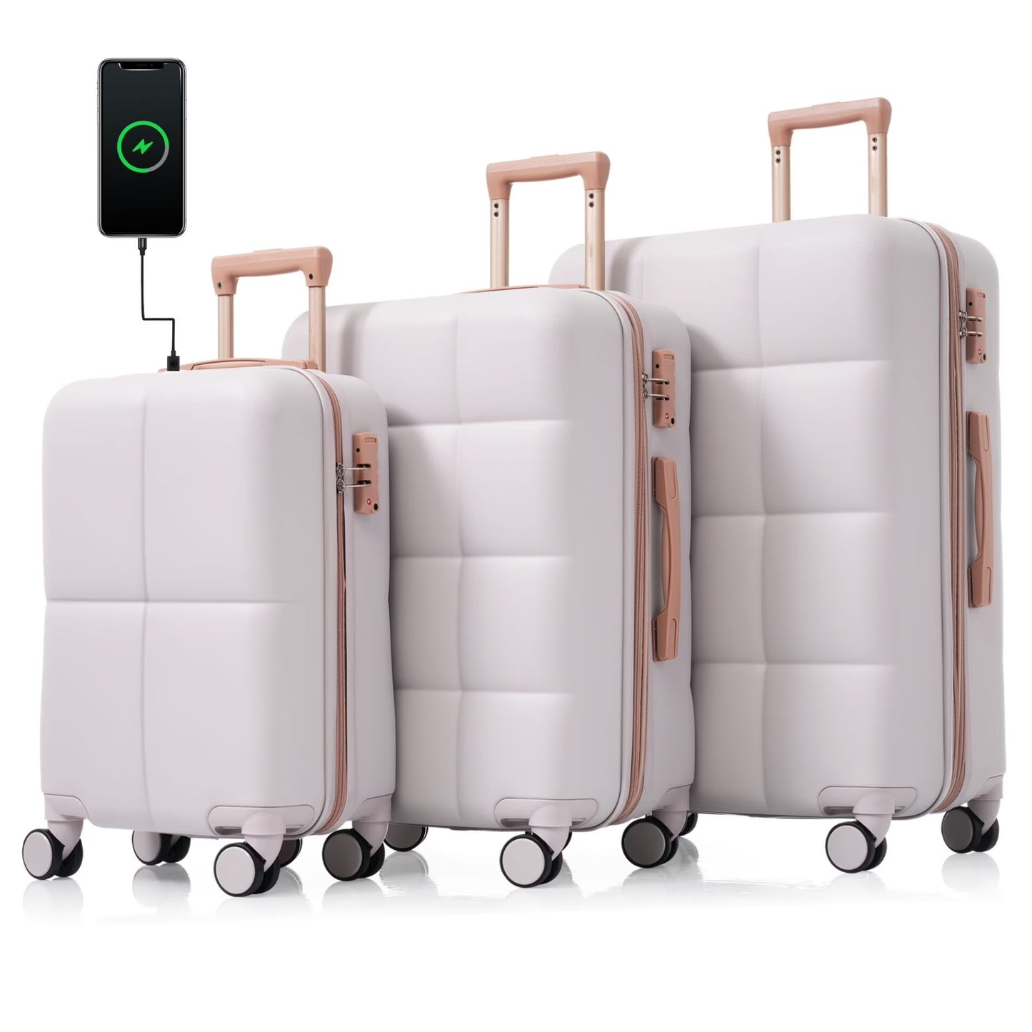 3 Piece Luggage Set , 20/24/28 inches Suitcase Set , ABS Hardshell Expandable Luggage Sets with TSA Lock,20-inch with USB Port, Carry On Luggage for Men Women, Pink
