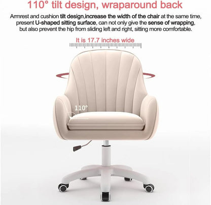 Home Office Chair Computer Chair with Mid-Back Upholstered Modern Tufted Computer Task Chair Swivel Height Adjustable Velvet Accent Chair.White
