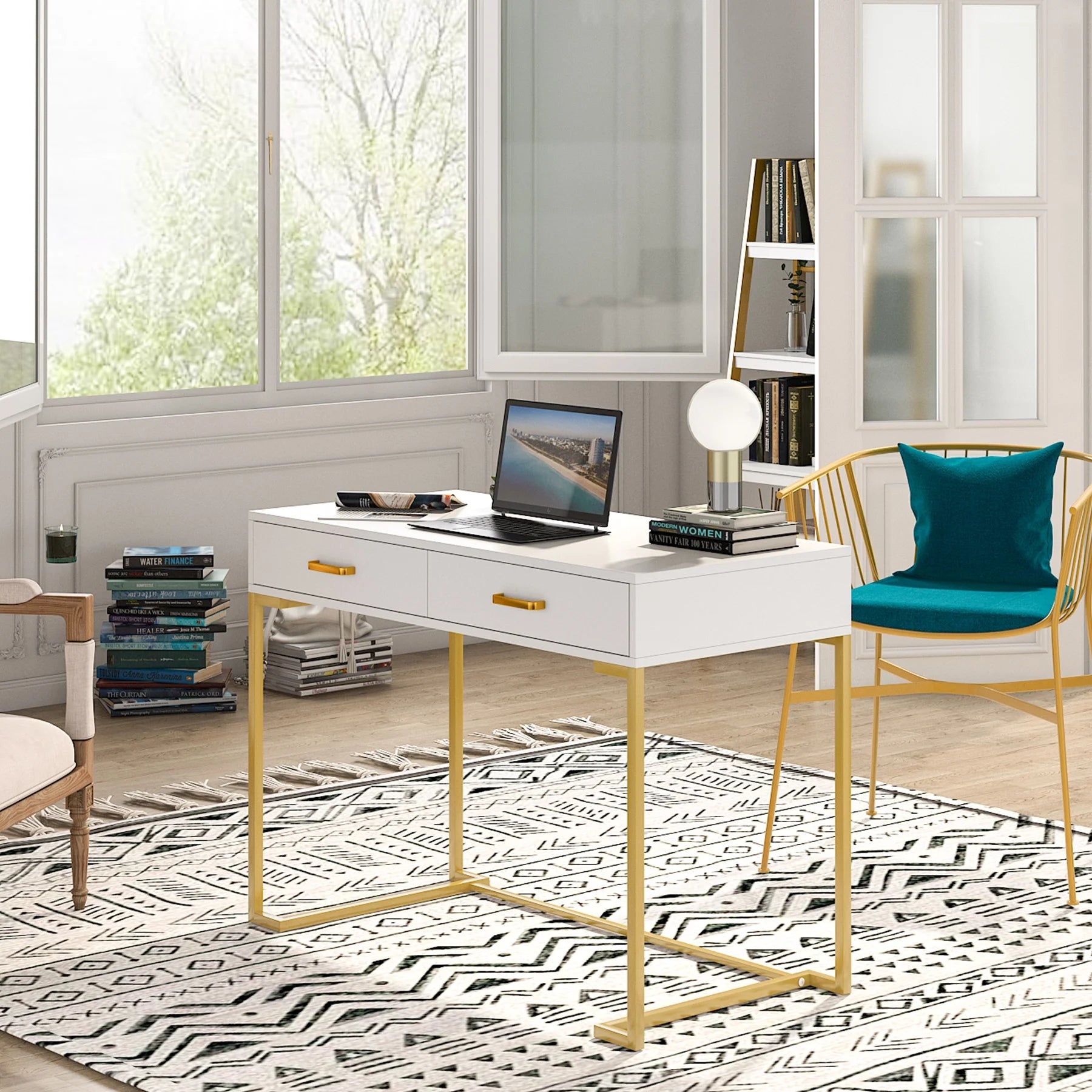 Tribesigns Modern 40" Makeup Dresser or Home Office Computer Laptop Writing Desk with Two Storage Drawers, White Top and Gold Metal Frame