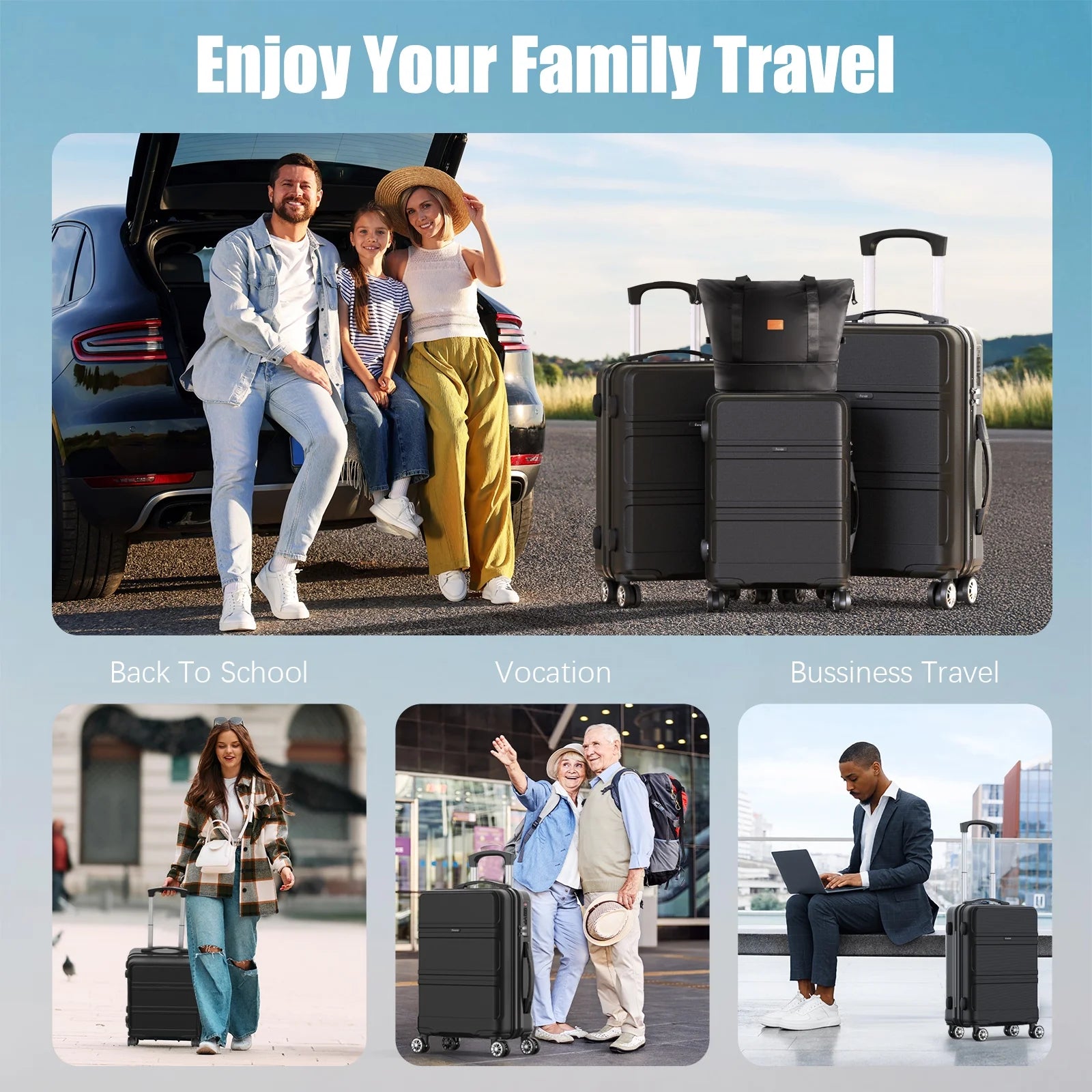 4 Piece Hardshell Luggage Sets, 3 Set Hardside Lightweight Suitcase with Duffel Bag Carry on Travel Luggage with TSA Lock Spinner Wheels, 20in24in28in, Black
