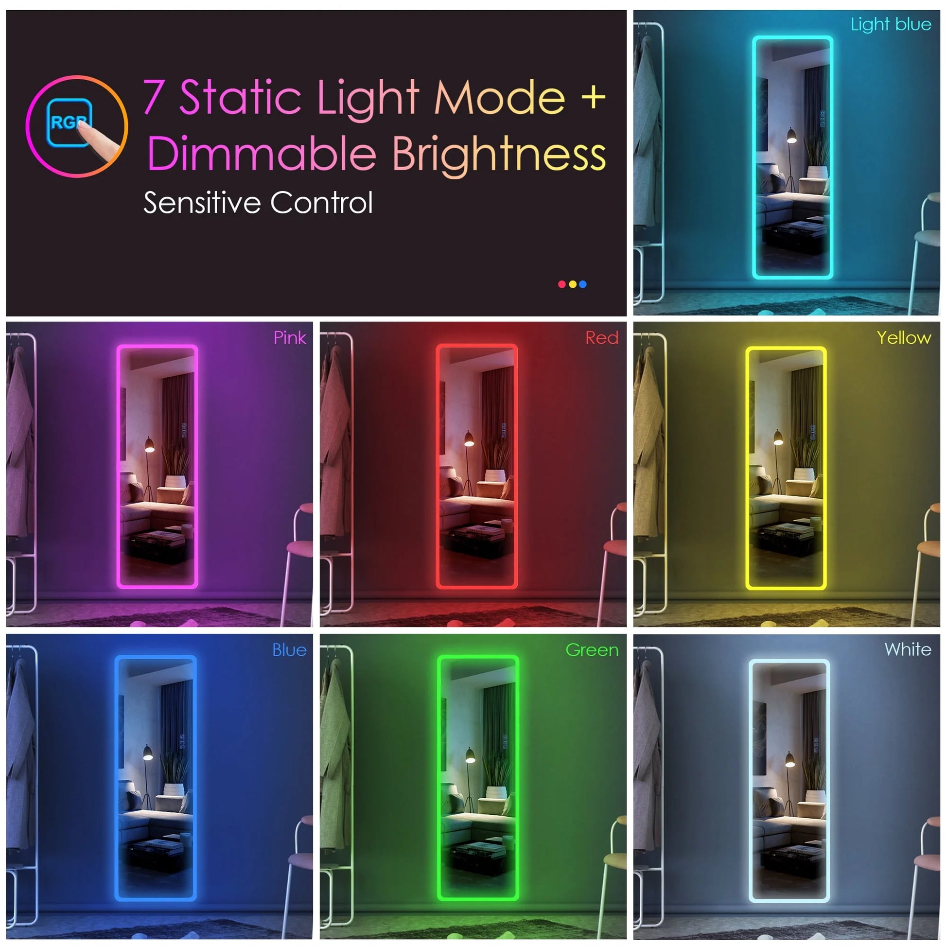 LVSOMT 47"x16" Full Length Mirror with Lights, RGB Color Changing Lighted Mirror, Wall Mounted Full Body Mirror, Over The Door Hanging Mirror, 14 LED Light + Dimmable Brightness + Adjustable Speed