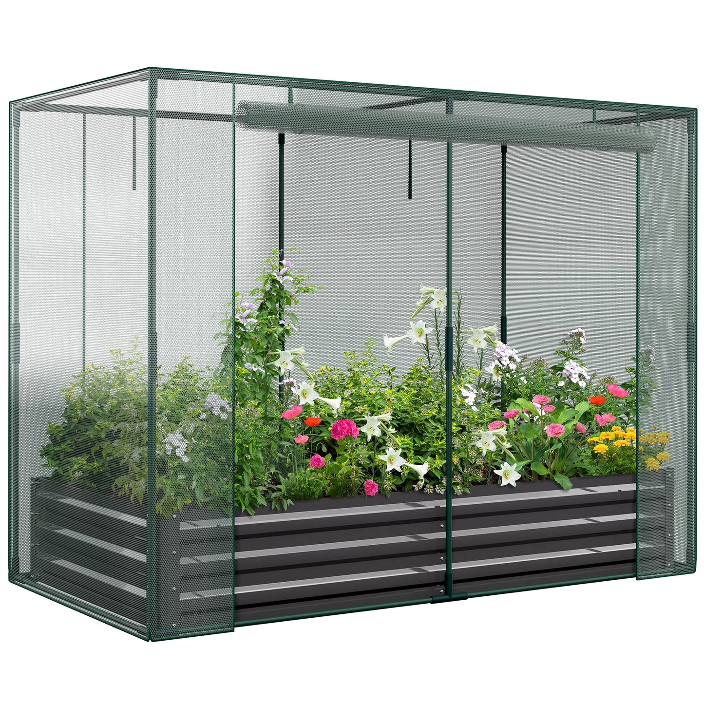 Slsy Galvanized Raised Garden Bed Kit w/Crop Cage Anti-Bird Netting Mesh Cover, 71" x 35.4" x 59" Large Metal Outdoor Planter Garden Boxes w/2 Roll-Up Zippered Doors, for Vegetables Herbs Flowers