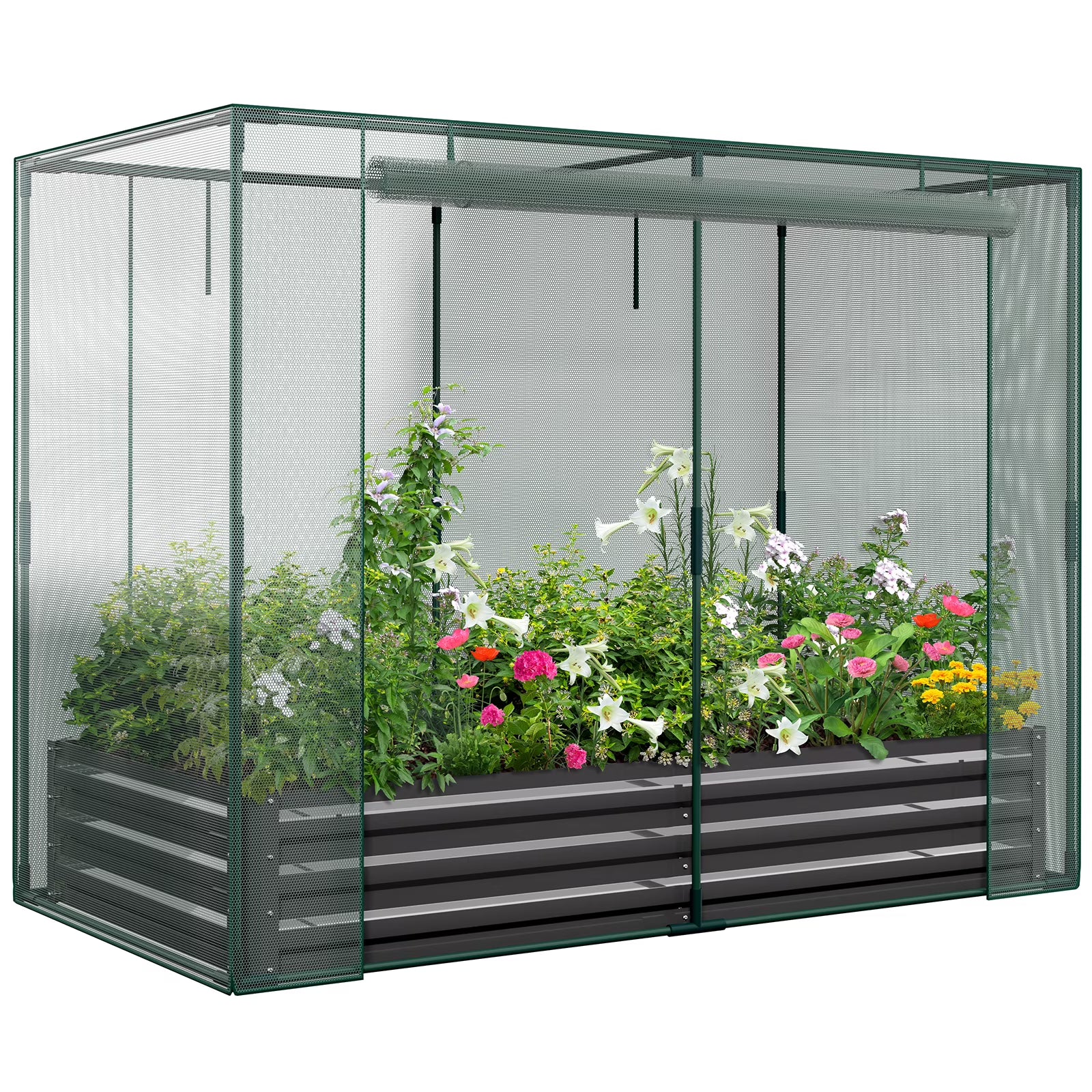 Slsy Galvanized Raised Garden Bed Kit w/Crop Cage Anti-Bird Netting Mesh Cover, 71" x 35.4" x 59" Large Metal Outdoor Planter Garden Boxes w/2 Roll-Up Zippered Doors, for Vegetables Herbs Flowers