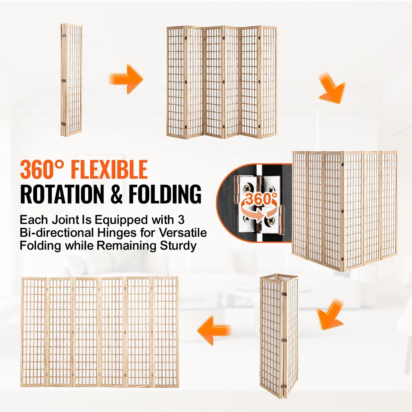 KFFKFF Space Separator, 6-Panel Oriental Style Room Separator, Wooden Foldable Indoor Privacy Barrier, Oriental Style Portable Decorative Panels, Ideal for Home Office, Dining Area & Sleeping