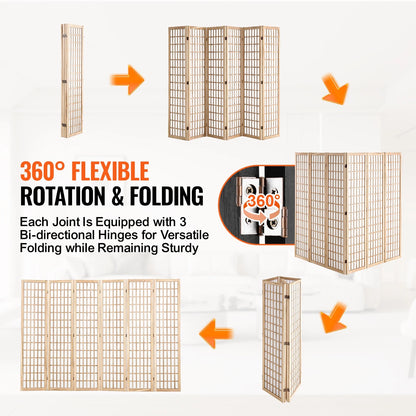 KFFKFF Space Separator, 6-Panel Oriental Style Room Separator, Wooden Foldable Indoor Privacy Barrier, Oriental Style Portable Decorative Panels, Ideal for Home Office, Dining Area & Sleeping
