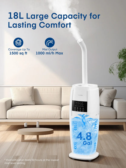 FOHERE 4.8Gal/18L Humidifier Large Room, Easy Top Fill Cool Mist Tower Humidifiers Quiet for Home, Plants, Commercial, Whole House Cover up to 1500ft2, with Smart Sensor, Remote, 5 Speeds, White