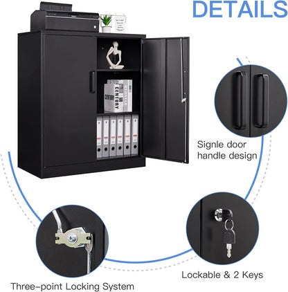 Metal Garage Storage Cabinet with 2 Doors and 2 Adjustable Shelves - 35.5" Steel Lockable File Locking Counter Cabinet for Home Office,Gym,SchoolBlack