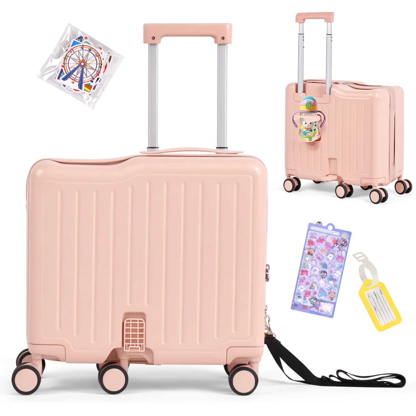 Advwin Ride-On Kids Luggage with Pull Strap, Footrests, Cup Holder, 6 Wheels & Adjustable Handle, 18-Inch Spinner Suitcase with Stickers & Boarding Pass, Pink