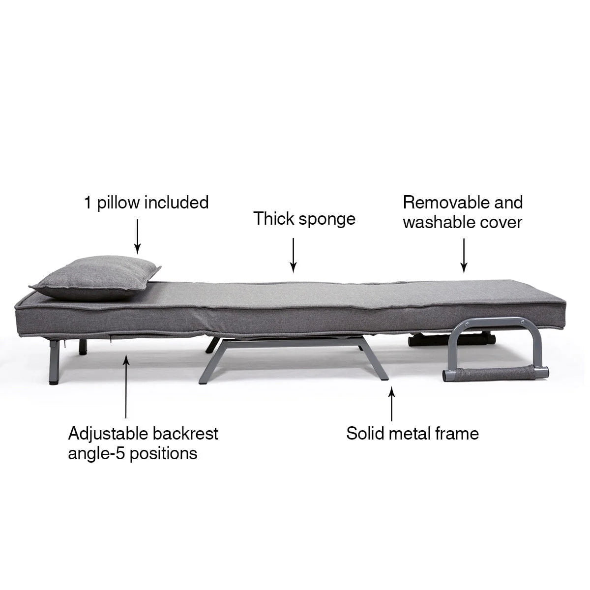 Cfowner Convertible Sofa Bed Sleeper Chair, 5 Position Adjustable Backrest, Folding Arm Chair Sleeper w/Pillow, Upholstered Seat, Leisure Chaise Lounge Couch for Home Office