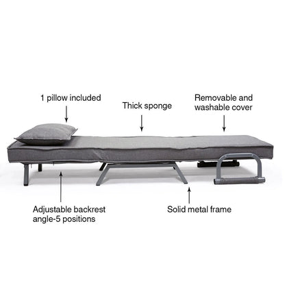 Cfowner Convertible Sofa Bed Sleeper Chair, 5 Position Adjustable Backrest, Folding Arm Chair Sleeper w/Pillow, Upholstered Seat, Leisure Chaise Lounge Couch for Home Office