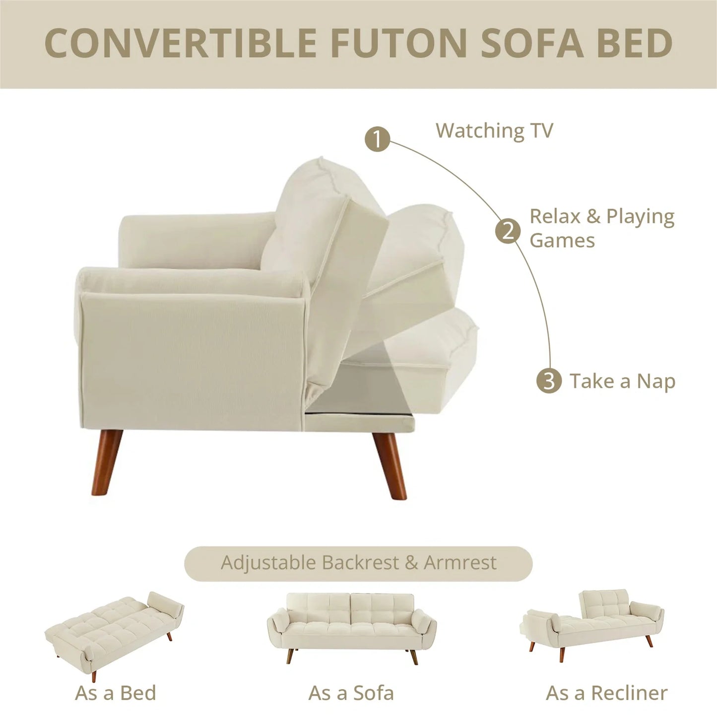 Aukfa 75" Flared Arm Futon Convertible Sofa Bed, Linen Sleeper Couch for Home Office, Beige
