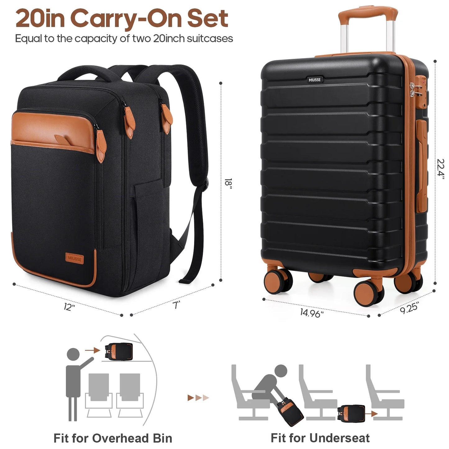 MIUSSE Carry on Luggage Set 3 Piece Hard Shell Luggage Sets with Spinner Wheels TSA Lock Carry on with Backpack Set