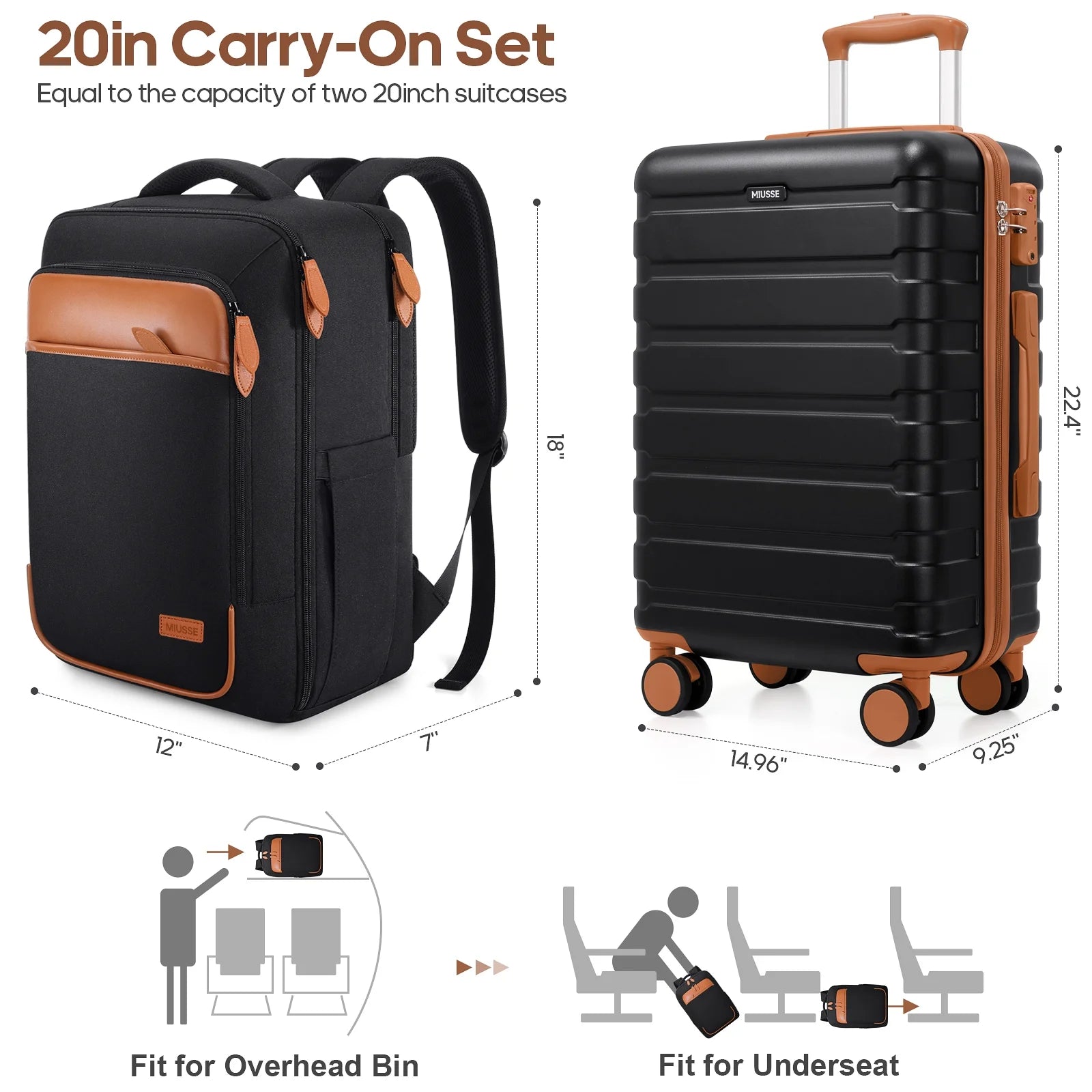 MIUSSE Carry on Luggage Set 3 Piece Hard Shell Luggage Sets with Spinner Wheels TSA Lock Carry on with Backpack Set
