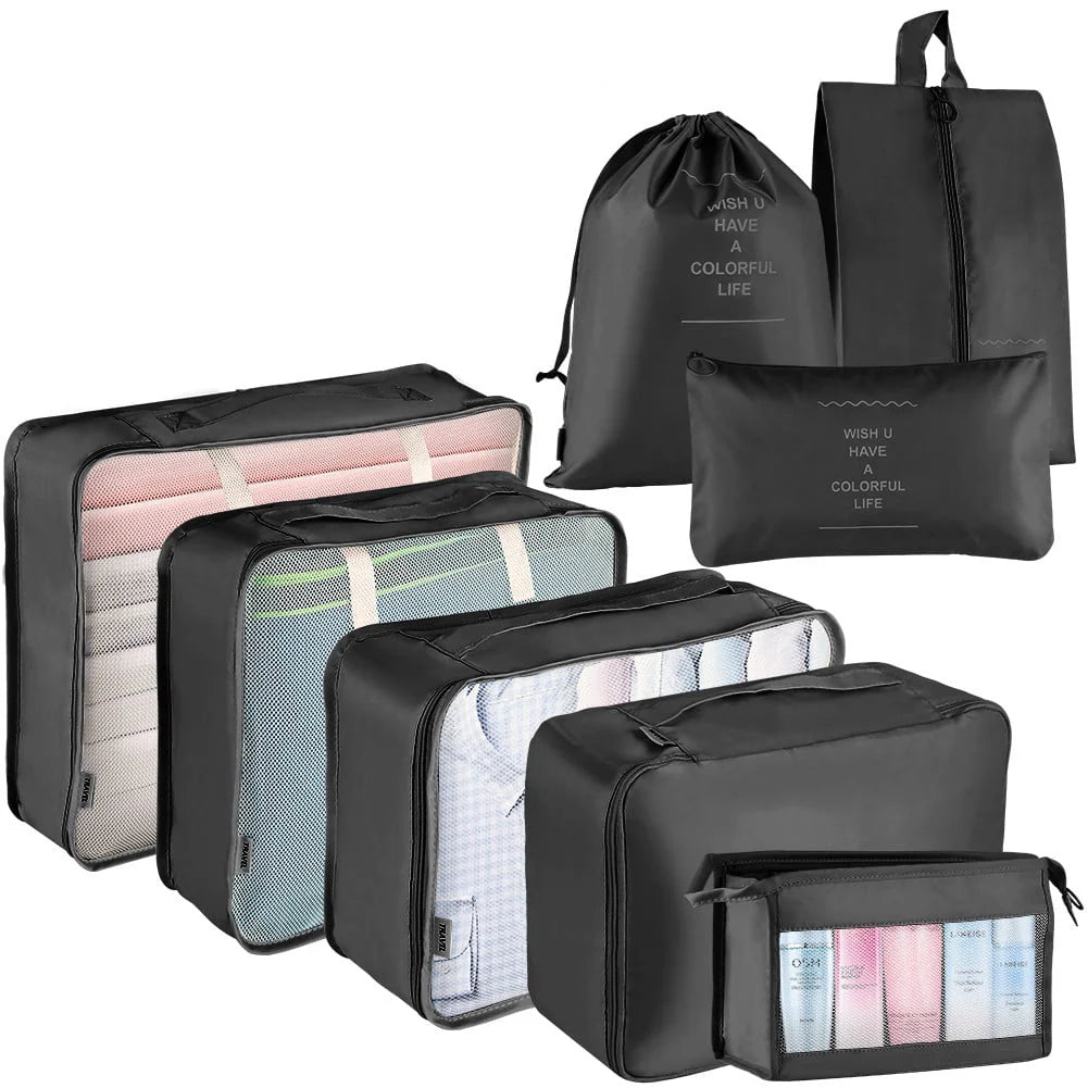 Koovon Packing Cubes for Travel, 8Pcs Travel Cubes Set Foldable Suitcase Organizer Lightweight Luggage Storage Bag, Black